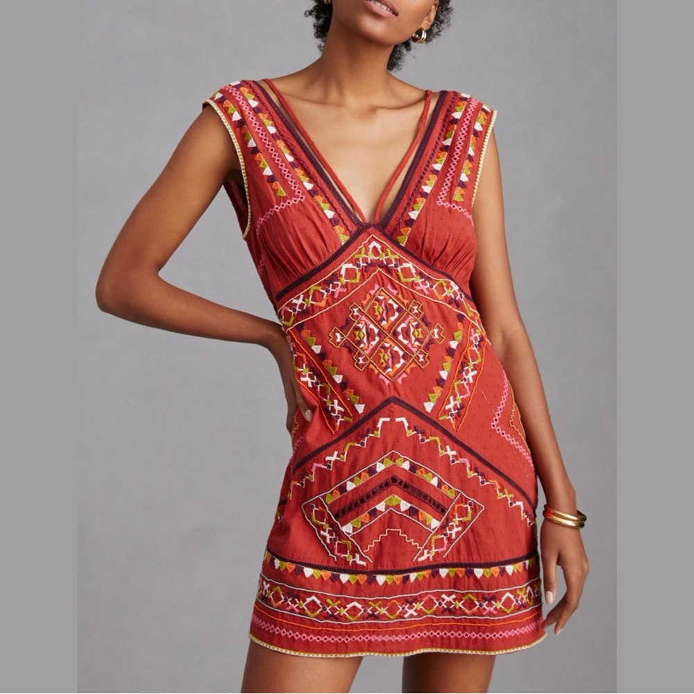 Anthropologie Embroidered Statement Mini Dress Light Red Large NWT - Picture 16 of 17